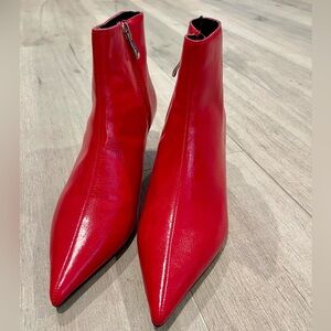 ZARA Bright Red Pointed Toe Kitten Heel Ankle Boots Size 37/US 7